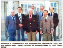 Members of the Lions club with members from the Wexford Lions, who are twinned with Lisburn, outside the Council offices in 1984. US48-757SP