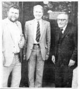 Mr. Arthur Chapman, Headmaster of Friends' School, Lisburn and President of the Old Scholars' Association, at the centenary celebrations with Mr. Gilbert Lamb, right, President 50 years ago and Mr. Merrill Morrow, this year's secretary.