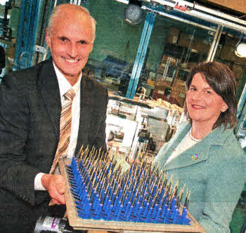 Enterprise Minister Arlene Foster today visited Aromet Group Ltd in Lisburn to announce the creation of 32 jobs with support from Invest Northern Ireland. The £3.2 million investment at the tyre repair product manufacturer will also help the company upgrade their premises and expand its Research & Development function. Pictured with the Minister is Aromet Group Limited Managing Director Mark Noble.