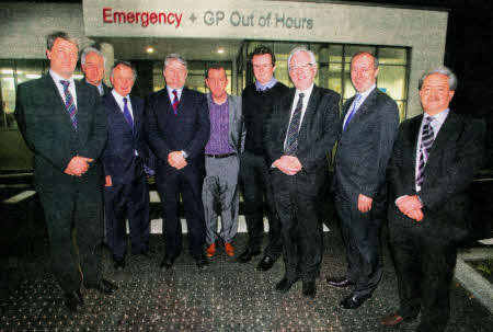 Left to right: Hugh McCaughey, Chief Executive, South Eastern Trust; Adrian Donaldson, Director of Corporate Services, Lisburn City Council; Cllr Brian Bloomfield; Cllr Brian Heading, Mayor; Cllr Arder Carson; Cllr Stephen Martin, Chairman of the Corporate Services committee; Alderman Allan Ewart; Seamus McGoran, Director of Hospital Services, SE Trust; Charlie Martyn, Medical Director. SE Trust.