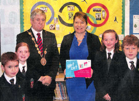 Wallace Preparatory Department pupils Ben Harding, Trudie McCoosh,Victoria Hunter and Rory Adair with Lisburn Mayor Brian Heading and Wallace Principal Deborah O'Hare as the Wallace Preparatory Department is welcomed to London 2012's 'Get Set Network' which recognises their commitment to Olympic and Paralympic values.