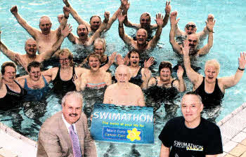 Councillor Thomas Beckett, Chairman of the Council's Leisure Services Committee at the launch of the 2012 Swimathon with Mr Phil Kane, Marie Curie Cancer Care and local swimmers who will be taking part in the 25th Swimathon as a team led by Mr Nevin Mitchell.