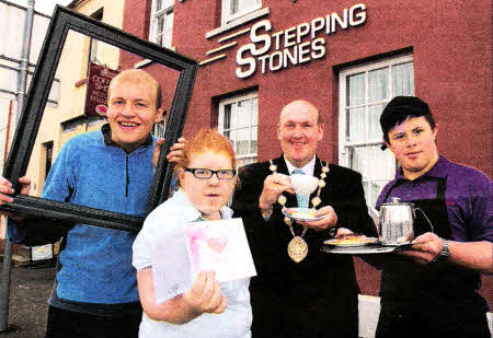 At the launch of the Mayor's Charity, Stepping Stones in Lisburn City, are (l-r) trainee, Aaron Reid, trainee Sophie Moore, the Mayor, Alderman William Leathem and trainee Kyle Walker.