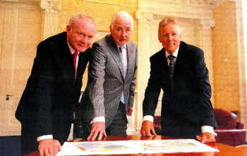 First Minister Peter Robinson, Deputy First Minister Martin McGuinness and Chairman of the Maze/Long Kesh Development Committee Terence Brannigan