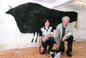 Andy Lyttle, Castle Gallery (left) and artist, Neil Shawcross with the finished painting, entitled 'The Bull'.