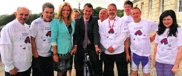 At the launch of New Lifecycle at Stormont recently were from left to right: Dr Eddie Rooney, Chief Executive of the Public Health Agency, Mark Dobson, kidney recipient, Jo-Anne Dobson MLA, Susan Kee, mother of kidney recipient, Mr Edwin Poots, Health Minister, Mr William Johnston, organiser and dialysis patient, far right Hannah Kee kidney recipient.
