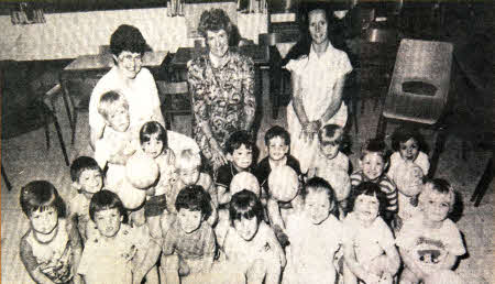 A special farewell to the children at a playgroup in Dunmurry was held In July 1986. Saying goodbye to the children at the playgroup were the three staff, Mrs Iris Coey, Supervisor, Mrs Janet Kingsbury, Supervisor and Mrs Jean Waddell, Helper.
