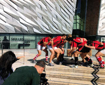 The Exiles record a segment for Let's Get Gold at the Titanic museum, Belfast.