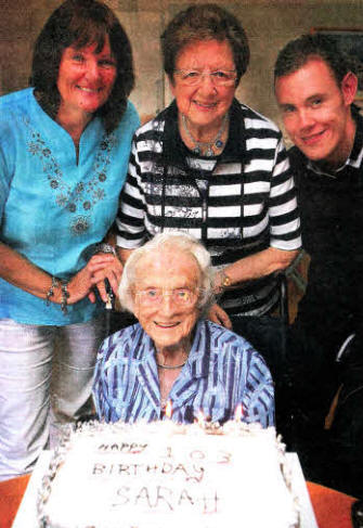 Sarah Leathem pictured with daughter Margaret Sloan, great grandson Gary and his mother Elaine Sloan celebrating her 103rd birthday at Pond Park Nursing Home. US2512-157A0