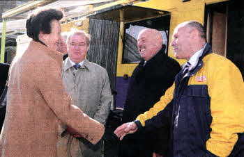 Princess Anne viewed the SOS Bus during her visit. Pictured with The Princess Royal are Stephen Kingon, Chairman, SOS Bus NI, Brian Brown, Director, SOS Bus NI and Joe Hyland, Chief Executive Officer, SOS Bus NI. Photo M T Hurson/Harrisons)
