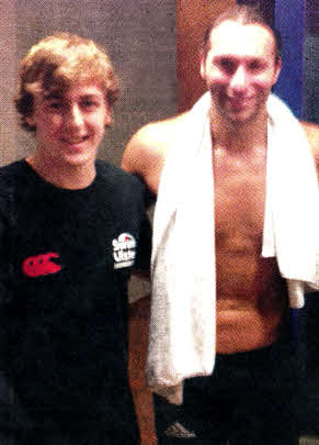 David Thompson who trains with Invictus Swim Club Belfast pictured with Olympic legend Ian Thorpe during the recent Luxembourg Euro Meet. The young Hillsborough swimmer competed during the three day event as part of the Ulster Squad team.
