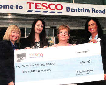 As part of the refurbishment works, Patton working alongside Tesco have made a donation of £500 to Parkview Special School to help fund a music project for the pupils. The cheque was presented to Principal Una Brennan by Tesco Store Manager Nicola Finlay, Community Champion Ann Broom, and Patton Community Engagement Coordinator Lauren Neeson, during the store re-launch. US2712-113A0