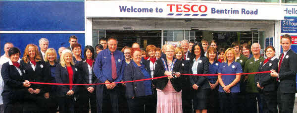 Lisburn Deputy Mayor Councillor Margaret Tolerton pictured with staff of Tesco Bentrim Road at the re-opening of the store after a major refurbishment.