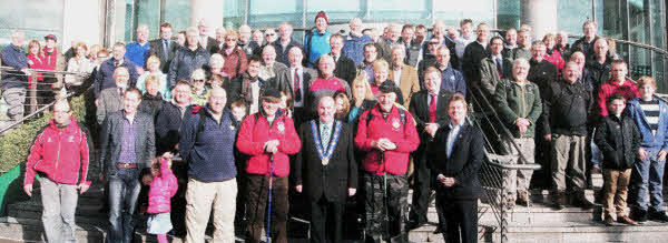 A large crowd of supporters consisting of elected representatives and members of the public joined the Deputy Mayor of Lisburn, Alderman William Leathern at Lagan Valley Island to meet Geordie Spence and Bert Smith, MBE as they prepared to arrived in Lisburn for the final leg of their 128 mile journey, the Walk for the Wounded, from Dublin to Belfast.