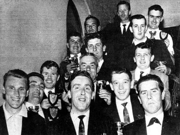 Members of Hayloft Dart Club, who were based in Bridge Street, celebrate a successful season in the Assembly Rooms in 1958.