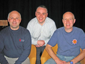 Pictured at the Jesus is Alive event in Lagan Valley Island on Wednesday 24th May is Lisburn Fire-fighters - Rab Blair (left) and Brian Moore (right) with the Rev Andrew Thompson, minister of Elmwood Presbyterian Church.  Missing from the photo is Jeff Anderson who had to leave for another speaking engagement.