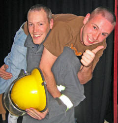 David Murphy from Crown Jesus Ministries and fire-fighter Ian Morrow re-enact a scene from a Snatch Rescue sketch they performed at the Jesus is Alive event in Lagan Valley Island on Wednesday 24th May.