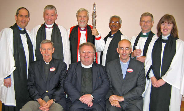 Pictured at the Down & Dromore Diocesan Synod 2006 in Down & Dromore Diocesan Synod 2006 at St John�s Parish Centre, Moira on Thursday 22nd June is L to R: (back row) Rev Canon Roderic West, Archdeacon John Scott, Rt Rev Harold Miller - Bishop of Down & Dromore, Rev Canon Rajkumar Sathyaraj, Archdeacon Gregor McCamley and Rev Joanne Megarrell. (seated at front) Rev Alan Millar, Rev Canon Robert Howard and the Very Rev Stephen Lowry. 