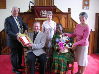 The Rev. Eckhard Buchholz and his wife Cathy pictured at his farewell sermon in Ballinderry Moravian Church last Sunday morning (25th June 2006).  Also included are committee members L to R: Henry Wilson, Violet Best and Marilyn Marshall. 