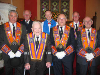 Ballinderry District officers pictured at the District Service in Ballinderry Parish Church last Sunday morning.  (front row) Norman Bell � Worshipful District Master, Thomas Haddock � District Lecturer, Mervyn Wilson � Treasurer and Fred Scandrett � Deputy District Master.  (back row) Sandy Wilson � District Secretary, Dr Fred Ruddell � Diocesan Reader and Edward Carson � District Chaplain.  Dr Fred Ruddell � Diocesan Reader at Ballinderry Parish conducted the service.  In his address based on 1st Peter 2 v 17, Dr Ruddell spoke about the importance of showing proper respect for everyone.