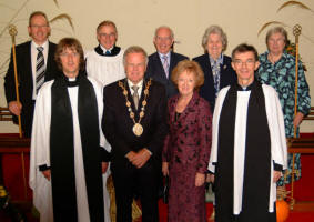 Pictured at the Harvest Thanksgiving Service in St. Andrew�s Church, Killaney last Sunday afternoon (15th October) are L to R: (front) The Rector, the Rev John Auchmuty, the Mayor - Councillor Trevor Lunn, the Mayoress - Mrs Laureen Lunn and the Rural Dean, the Rev Warren Russell. (back row) Bill Connor - Rector�s Churchwarden, Alasdair MacLaughlin - Carryduff Parish Organist, Fred May, Betty May - Killaney Parish Organist and Anita Pielou - People�s Churchwarden