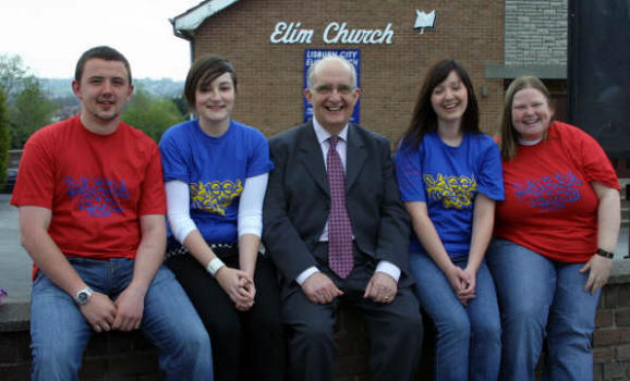 L to R: Stephen Jones, Laura Kelly, Rachel Hughes and Debby Boyce pictured at Lisburn Elim last Sunday evening prior to presenting a Street Reach report. Included in the photo is Pastor Norman Christie.
