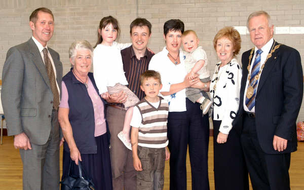 John and Lyn Martin and Aaron and Helen McCracken and their three children Alex, Chris and David pictured with the Mayor - Councillor Trevor Lunn and the Mayoress - Mrs Laureen Lunn during refreshments following morning worship in Legacurry Presbyterian Church on Sunday 20th May.