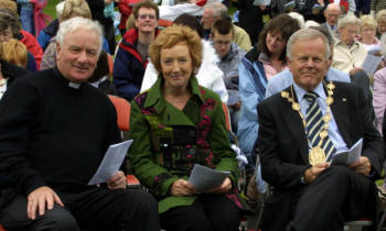 Lisburn Parish Priest - Father Dermot McCaughan is pictured with the Mayor - Councillor Trevor Lunn and Mayoress - Mrs Laureen Lunn at the Global Day of Prayer event in Wallace Park.