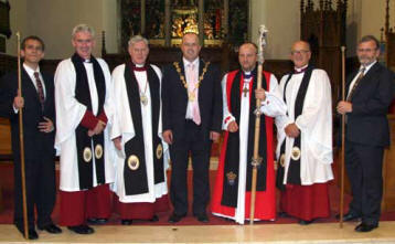 At the Enthronement Service in Christ Church Cathedral, Lisburn on Thursday 6th September are L to R: Graeme Clarke - Rector's Warden, Rev Canon Sam Wright (Rector of Lisburn Cathedral), Very Rev John Bond - Dean of Connor, Lisburn Mayor - Councillor James Tinsley, The Rt Rev Alan Abernethy - Bishop of Connor, Rev Canon William Bell (Rector of Eglantine Parish), John Humes - People's Warden.