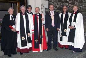 At the Enthronement Service in Christ Church Cathedral, Lisburn on Thursday 6th September are L to R: Rev Canon Edgar Turner - Registrar, The Very Rev John Bond - Dean of Connor, Rev Clifford Skillen - The Bishop's Chaplain, The Rt Rev Alan Abernethy - Bishop of Connor, Lisburn Mayor - Councillor James Tinsley, Rev Canon George Irwin - Rector of St Mark's, Ballymacash and the Rev Donna Quigley - Rector of Derryvolgie.