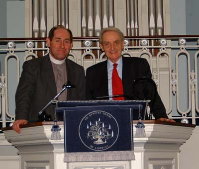 The Rev Dr John Nelson and the Very Rev William McMillan pictured in the pulpit of the First Presbyterian Church (Non-subscribing) Dunmurry, which was once occupied by Henry Montgomery, the great leader of the Non-subscribers. In 1829 he and the entire congregation seceded from the Synod of Ulster, to join the Remonstraint Synod of Ulster, retaining possession of the church, manse and other properties. The photo was taken at a meeting of the Presbyterian Historical Society on Thursday 15th February.