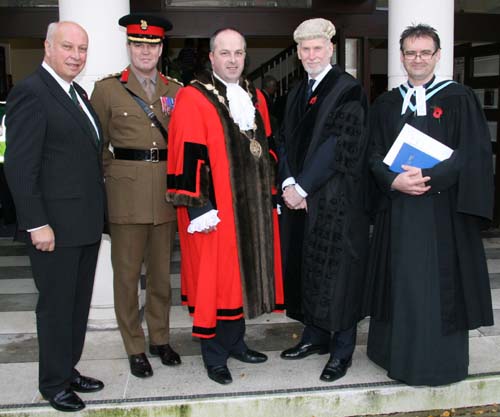 At the Royal British Legion (Lisburn Branch) Remembrance Day Service in First Lisburn Presbyterian Church are L to R: Mr Perry Reid - Clerk of Session, Brigadier George Norton - Commander 38 (Irish) Brigade, The Right Worshipful the Mayor - Councillor James Tinsley, Mr Norman Davidson - Chief Executive Lisburn City Council and the minister, the Rev John Brackenridge.