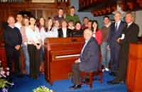 Peter McKechnie (seated at piano) and the worship team from Elmwood Presbyterian Church who led the praise at a united service for all churches in the Presbytery of Dromore held in First Dromore Presbyterian Church last Sunday evening. Also included are (right of picture) Cecil Gamble - Clerk of Session of First Dromore and the Rev Gary Trueman - Moderator of Dromore Presbytery.