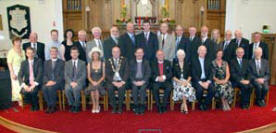 L to R: (seated) Peter Wilson (Guest organist), Rev Norman Brown (Former member of Railway Street), Lagan Valley MP Jeffrey Donaldson, Mrs Margaret Tinsley (Mayoress), Councillor James Tinsley (Mayor), Rev David Porter (Moderator of Dromore Presbytery), The Very Rev Dr Howard Cromie (Senior Minister), Mrs Kathleen Cromie, Rev Brian Gibson (Minister), Mrs Jean Gibson, Gordon Lindsay (Clerk of Session) and Victor Hamilton (Grandson of third minister). (back row) Margaret Coulter, Norman McClelland, Aidan Stott, Janet Ferguson, Colin Suckling, Dennis McClure, Alan Reid, Andrew Breadon, Colin Blair, Billy Tease, Maurice Gowdy, Geoffrey Rogers, Brian Knox, Judith Hamilton, Brian Patterson, Len Murray and Jackie Patterson.