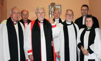 At the Institution Service in St John's Parish Church, Dromara on Tuesday 23rd September are L to R: Revd Canon Charlie Leeke (New Rector & New Area Dean), Rt Revd Edward Darling, Rt Revd Harold Miller (Bishop of Down and Dromore), Ven John Scott (Archdeacon of Dromore), Revd Canon Fred Graham (Preacher), Revd Simon Doogan (Diocesan Registrar) and Revd Gill Withers (Bishop's Chaplain).