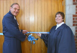 The Rev Donald Ker opens the new hall at Glenavy Methodist Church last Saturday afternoon (12th September). Looking on is the minister, the Rev Elizabeth Hewitt OBE.