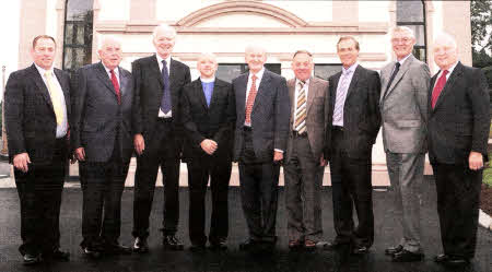 The minister and elders outside the newly renovated and extended Loughaghery Presbyterian Church- L to R: David Moore (Secretary), Oliver Greer, Colin Stanfield, Rev Leslie Patterson, Norman McKinley (Clerk of Session), Norman Jess, Ken Cunningham, Ivan McAuley and Bertie Graham.