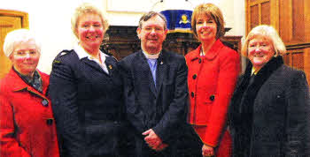 Rev David Porter (Chairman) with GB Captains past and present at a service marking the 40th anniversary of Second Dromara Girls'. L to R: Sadie Hanna (1975-1996), Karen Carson (2005- present), Pauline Johnston (1996-2005) and Joan Browne (Founder Captain 1970-1975).