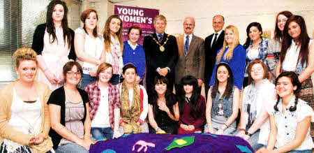 The group at the Island Arts Centre with the Mayor of Lisburn, Councillor Brian Heading and Councillor Thomas Beckett, Chairman of Lisburn City Council's Leisure Services Committee, alongside Jim Rose, Director of Leisure Services.