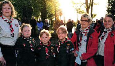 Lisburn Cathedral Scouts L to R: Jennifer McCormick, Chloe Horrobin, Molly McCormick, Helen McCormick, Jill Maguire and Michelle Horrobin pictured against the backdrop of of dawn breaking over Castle Gardens, Lisburn at the 'Joint Dawn Service' to rejolce in Chrlst's resurrection on Easter Sunday morning-