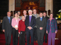 Pictured at a service in First Lisburn Presbyterian Church on Sunday 3rd April 2005 are L to R: Mr. Perry Reid - Clerk of Session, Mrs. Jaqui Brackenridge, Mrs. Elizabeth Watt, Mrs. Val Newell, the Rev. Brian Gibson - Railway Street Presbyterian Church, the Rt. Rev. Dr. Ken Newell - Moderator of the General Assembly, Pastor George Hilary - Lisburn Christian Fellowship, the Rev. John Brackenridge - First Lisburn Presbyterian Church, the Very Rev. Sean Rogan, PP - St Patrickï¿½s Roman Catholic Church and Mrs. Jean Gibson.