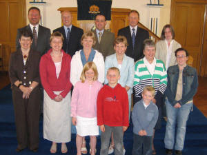 Pictured at Drumlough Presbyterian Church on Sunday 28th August 2005 are some of the leaders that organised the Holiday Bible Club held on Monday 22nd to Friday 26th August 2005. L to R: (back row) Rev. Gary Glasgow, Reggie Jess, Nigel Murdoch, Samuel Jordan and Lou-Ann Jess. (second row) Elaine Murdock, Zoe Glasgow, Sharon Jordan, Betty Jess, Sharon Martin and Roberta Cairns. Also included are (front row) Lydia Glasgow, Jonathan Glasgow and Peter Jordan.