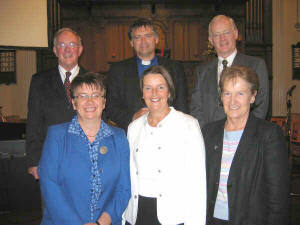 Ministers and representatives from four city centre churches that took part in the last summer joint Epilogue Service in Railway Street Presbyterian Church last Sunday evening. L to R: (front row) Evelyn Whyte - Deaconess at First Lisburn, Jean Gibson - Railway Street and Elizabeth Spence - Lisburn Cathedral. (back row) The Rev. Winston Good - Seymour Street Methodist, the Rev. John Brackenridge - First Lisburn and the Rev. Brian Gibson - Railway Street.