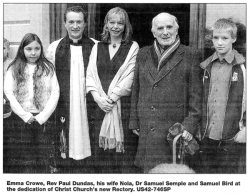 Emma Crowe, Rev Paul Dundas, his wife Nola, Dr Samuel Semple and Samuel Bird at the dedication of Christ Church's new Rectory. US42-746SP