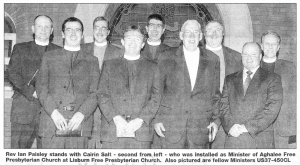 Rev Ian Paisley stands with Cairin Salt - second from left - who was installed as Minister of Aghalee Free Presbyterian Church at Lisburn Free Presbyterian Church. Also pictured are fellow Ministers US37-450CL 