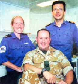 Janice Herne, Ken Mack and Stuart Stephenson on board HMS bulwark. US30-723SP