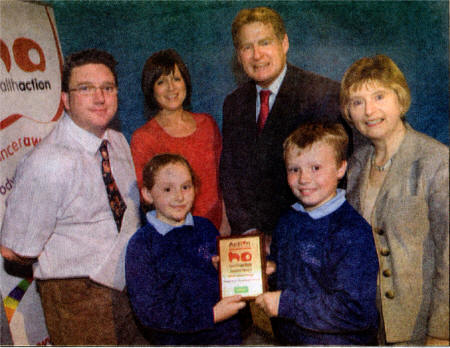 Downshire PS pupils Amy McMorris, George Strong and teacher Margaret McClean.