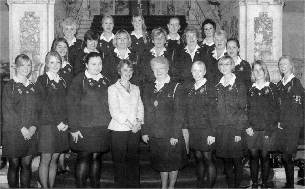 Girls' Brigade award recipients from local companies with their Captains - 1st Lisburn GB, Drumbo Presbyterian GB, Magheragall Presbyterian GB, and Priesthill Methodist GB. They received the Queen's Award in Belfast City Hall on May 11. Front Centre (l-r ) Mrs Lynda Neilands, Guest of Honour on the night and GBNI President Mrs Morva Brown.