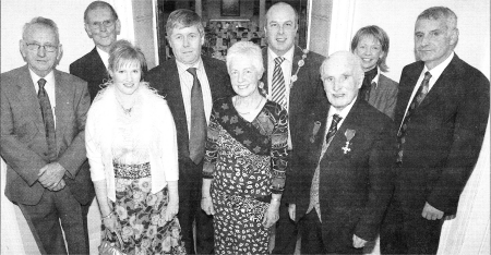 Finny O'Sullivan, Trevor Neill, Lorraine Wallace, Brian Heading, Chairperson Olive Campbell, Mayor & Mayoress James and Margaret Tinsley, Dr Samuel Semple, and BriansocietyMackey at the Irish Linen Centre for the society's dinner night US4807-406PM Pic by Paul Murphy