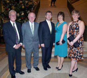 Band members Alwyn Totten (Conductor) and Sandy Wilson (Band Chairman) pictured with Lagan Valley MP Jeffrey Donaldson, Vivien McCullough and Alison Bell.